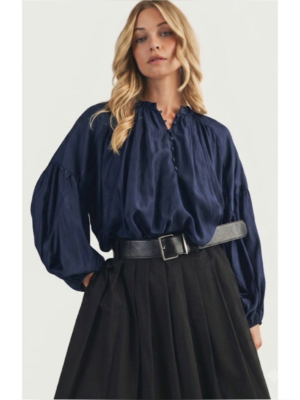 Mustard Seed Button Front Blue-Black Flowy Balloon Sleeve Top Whimsigoth